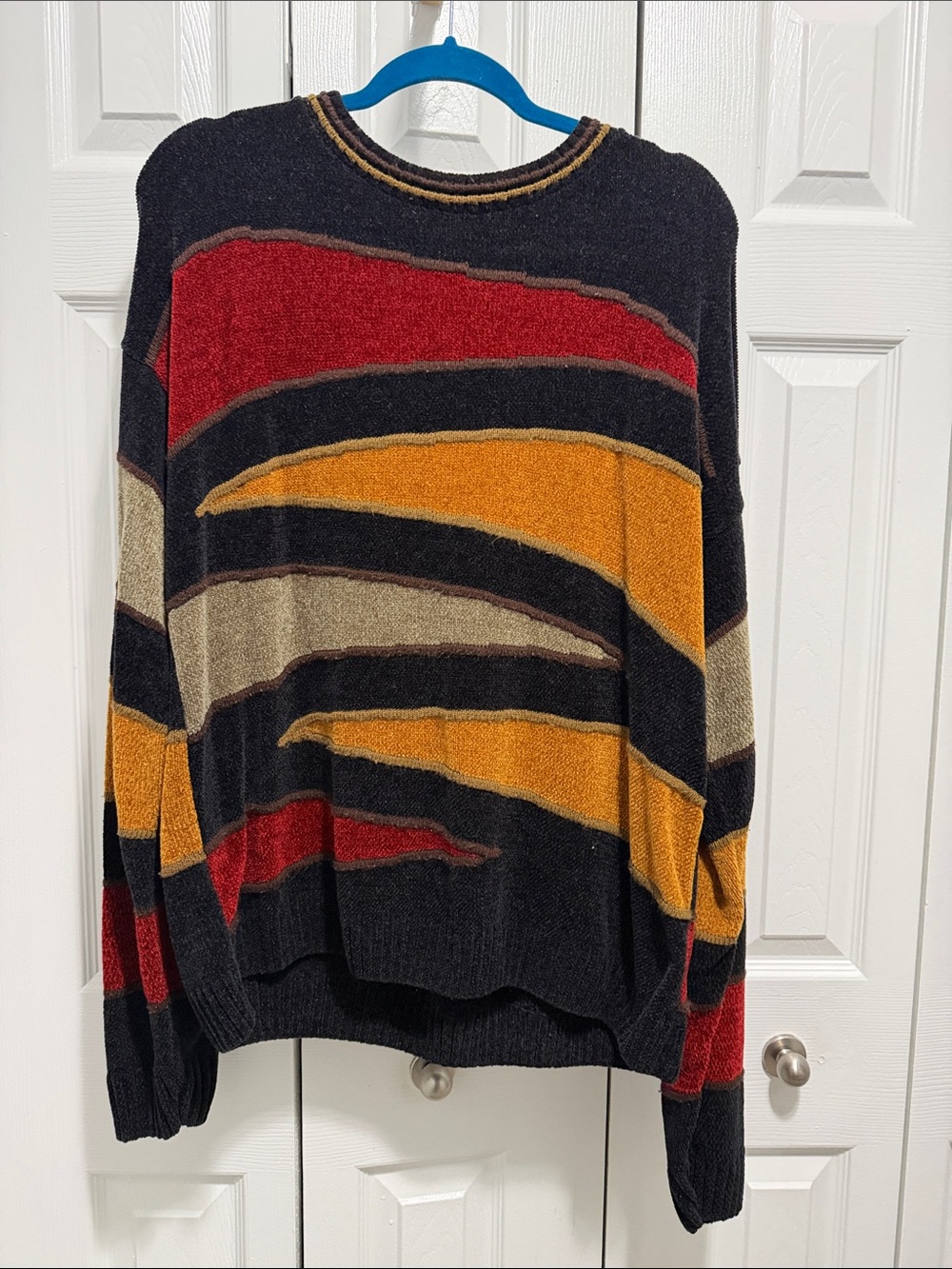 Men's Black Crewneck Sweater with Red, Mustard and Tan Wave Stripes